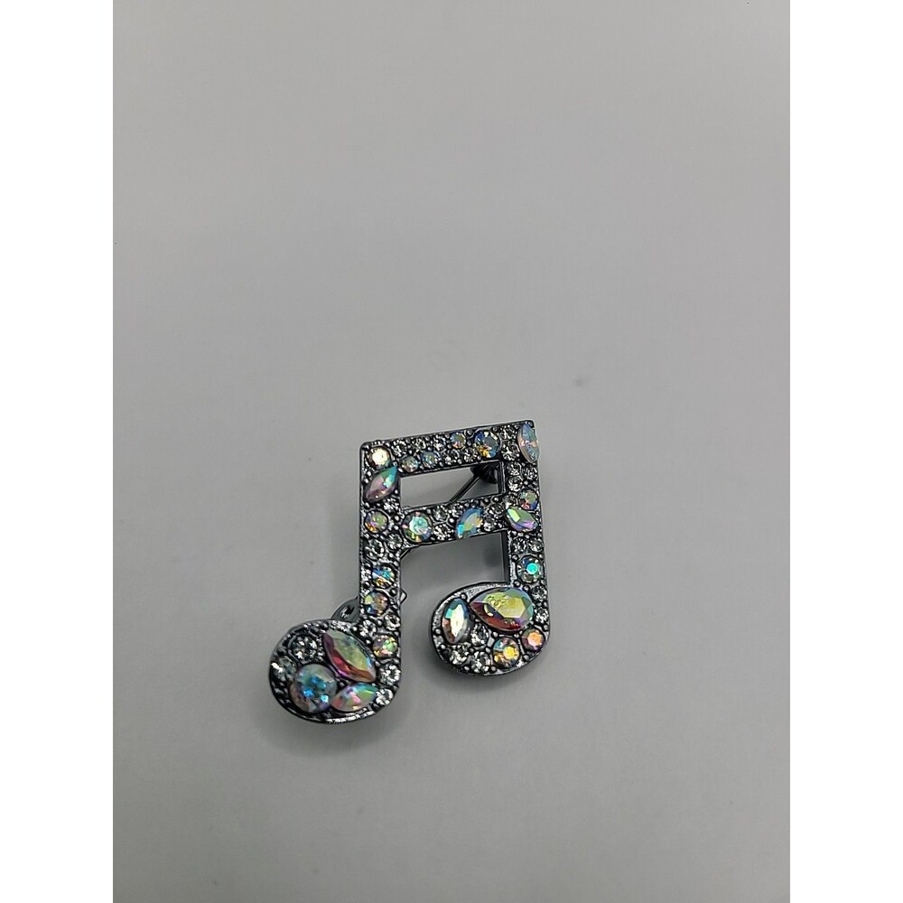 Vintage Style Music Note Brooch AB Rhinestone Silver Tone Musical Pin Choir Gift